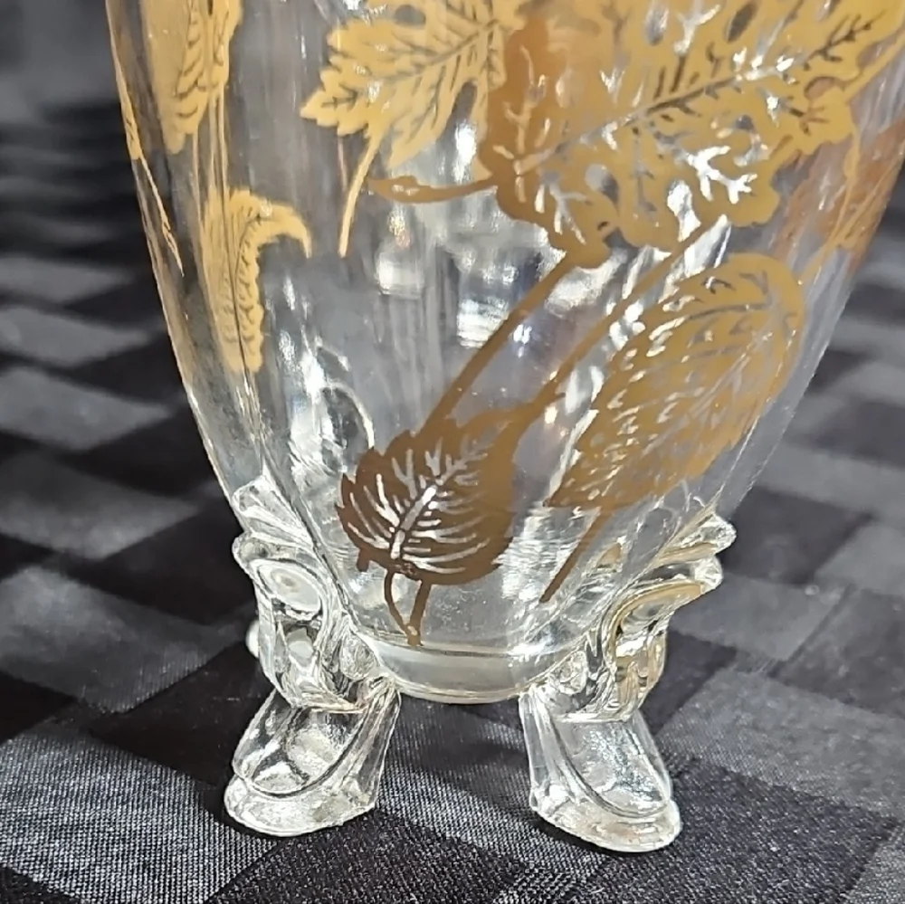 VTG Gold Overlay Rippled Rim and Leaf Motif Footed Creamer & Open Sugar